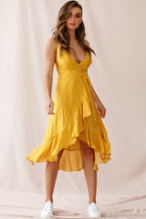 Blessed Wrap Ruffle Hem Midi Dress Dot Print Mustard