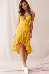 Blessed Wrap Ruffle Hem Midi Dress Dot Print Mustard