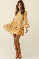 Beatrix High Neck Bell Sleeve Dress Droplet Print Yellow