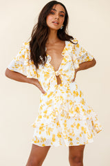Aubrey Tied Bust Ruffle Trim Dress Floral Print Yellow
