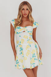 Cadi Twist Bust Balloon Mini Dress Floral Yellow