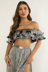 Amaria Off-Shoulder Lettuce Edge Crop Top Silver