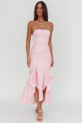 Corin Strapless High-Low Hem Maxi Dress Jacquard Pink