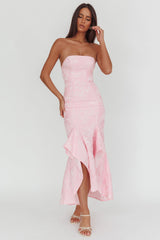 Corin Strapless High-Low Hem Maxi Dress Jacquard Pink