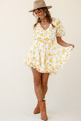 Brianna Puff Sleeve Drawstring Waist Dress Floral Print Yellow