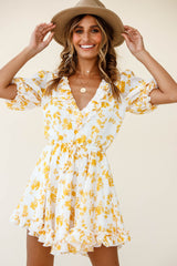 Brianna Puff Sleeve Drawstring Waist Dress Floral Print Yellow