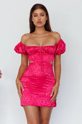 Eryn Puff Sleeve Jacquard Mini Dress Hot Pink