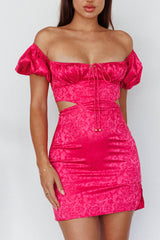 Eryn Puff Sleeve Jacquard Mini Dress Hot Pink