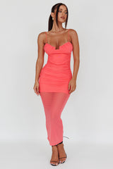 Jahzel Ruched Mesh Midi Dress Pink