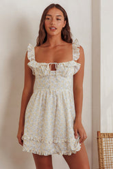 Doe Tied Bust Frill Mini Dress Floral Yellow