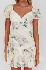 Annabella Puff Sleeve Tied Back Mini Dress Floral Butter