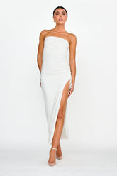 Affections Drawstring Ruched Split Maxi Dress White