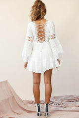 Chloye Long Balloon Sleeve Lace-Up Back Dress White