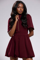 NAME OF THE GAME SHORT SLEEVE ZIPPERED MINI DRESS IN BURGUNDY