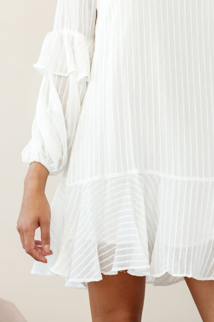 Cate Crew Neckline Balloon Sleeve Frill Dress White