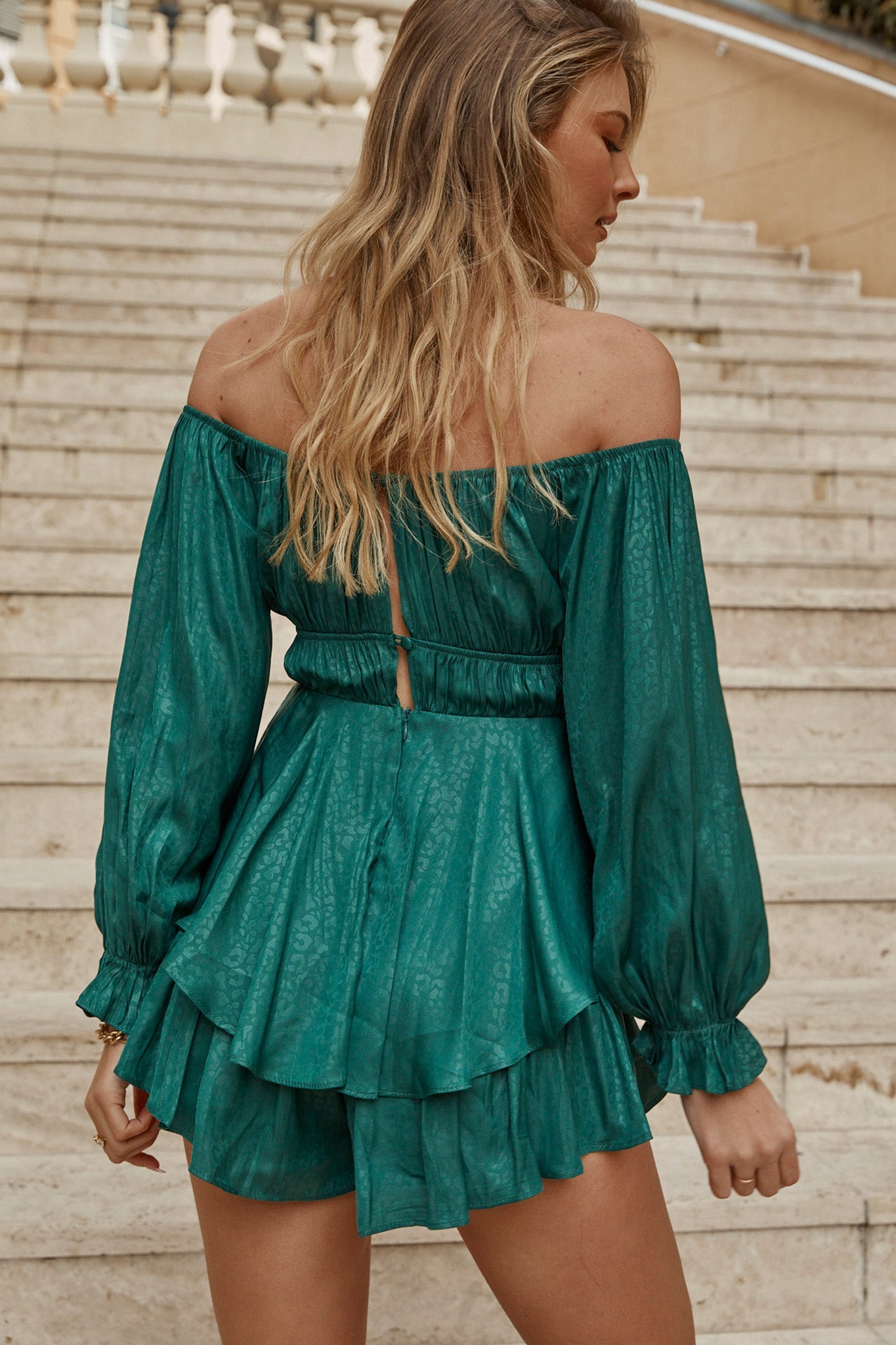 Josephina Lace-Up Front Balloon Sleeve Romper Forest Green
