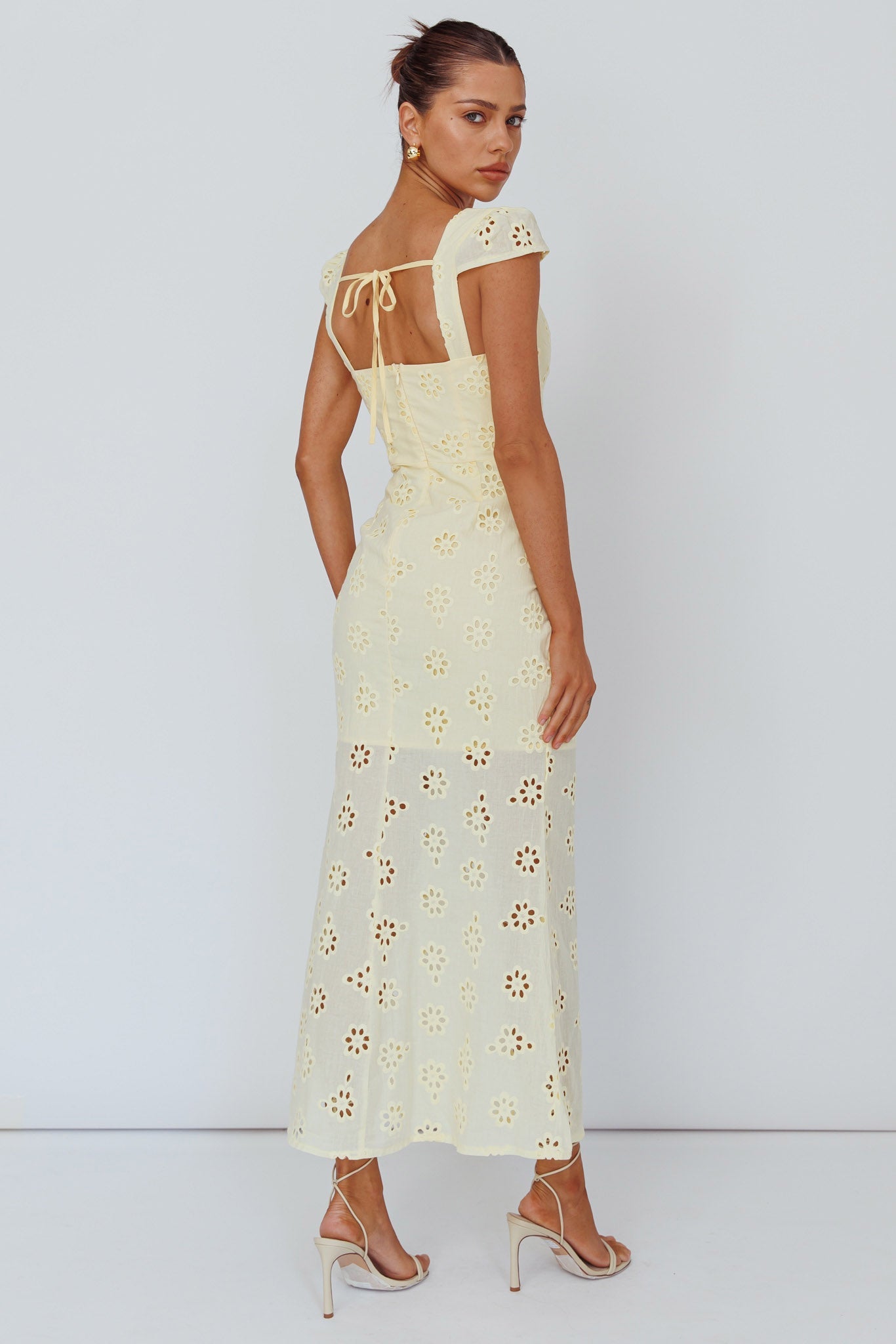 Bohemian Sun Cap Sleeve Eyelet Midi Dress Yellow