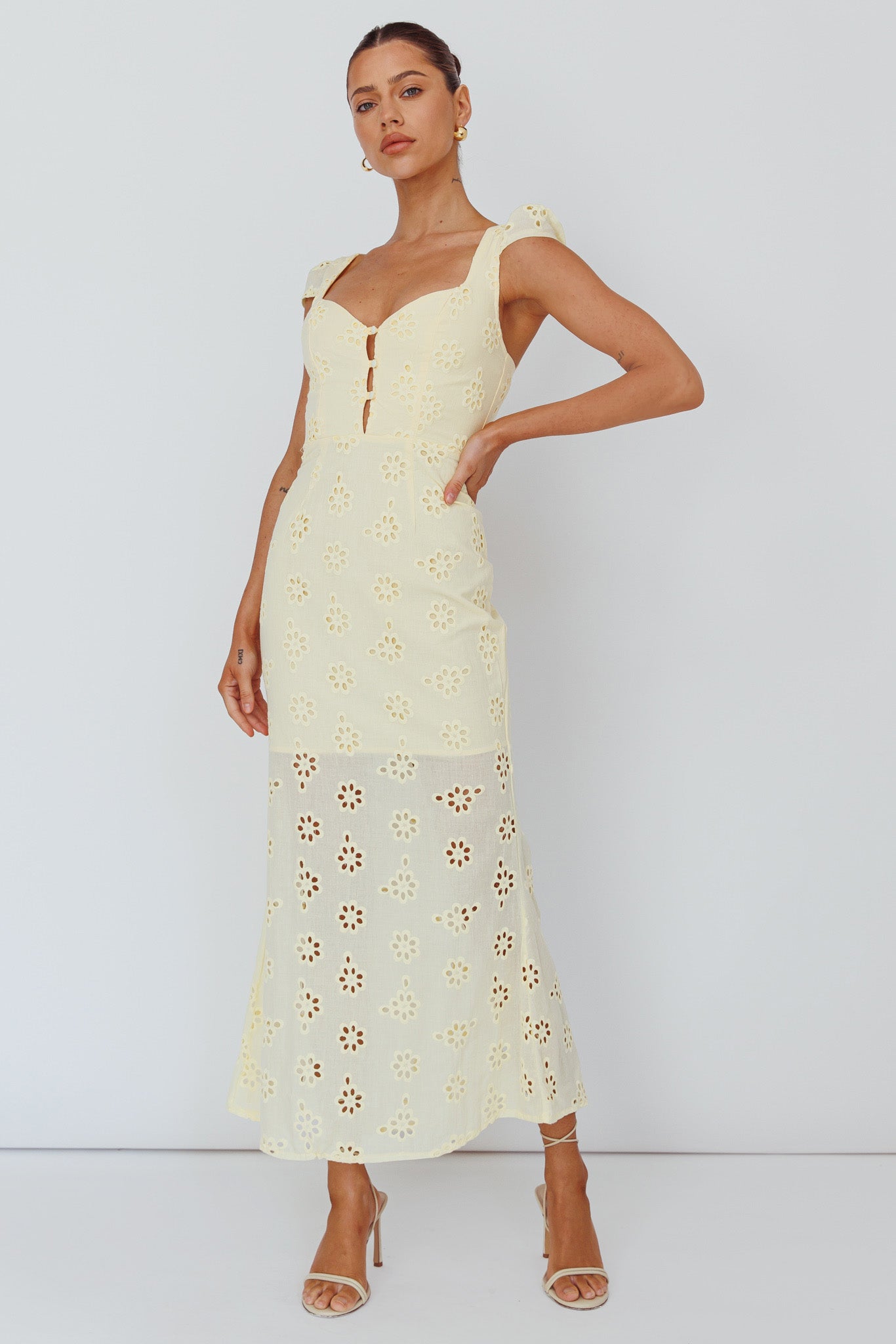 Bohemian Sun Cap Sleeve Eyelet Midi Dress Yellow