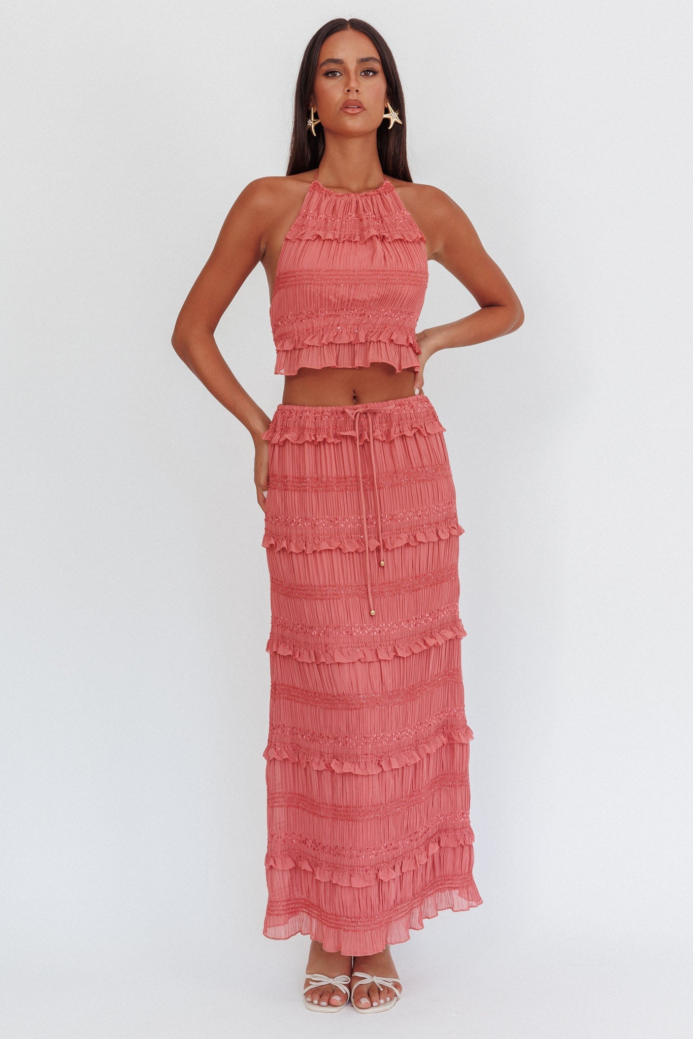 Helios Shirred Sequin Maxi Skirt Rose