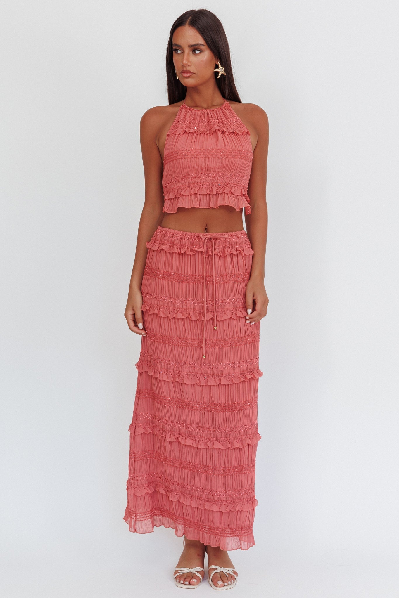 Helios Shirred Sequin Maxi Skirt Rose