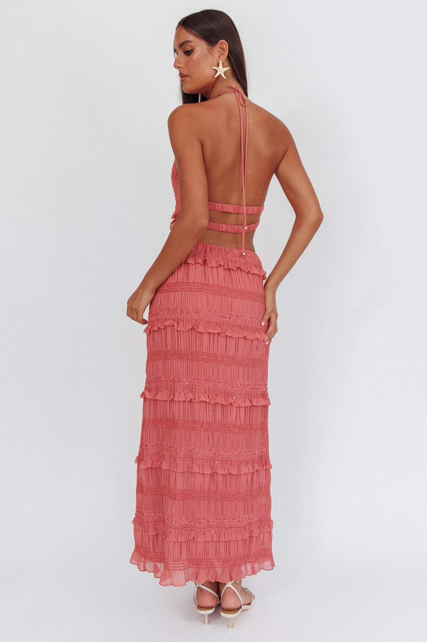 Helios Shirred Sequin Maxi Skirt Rose