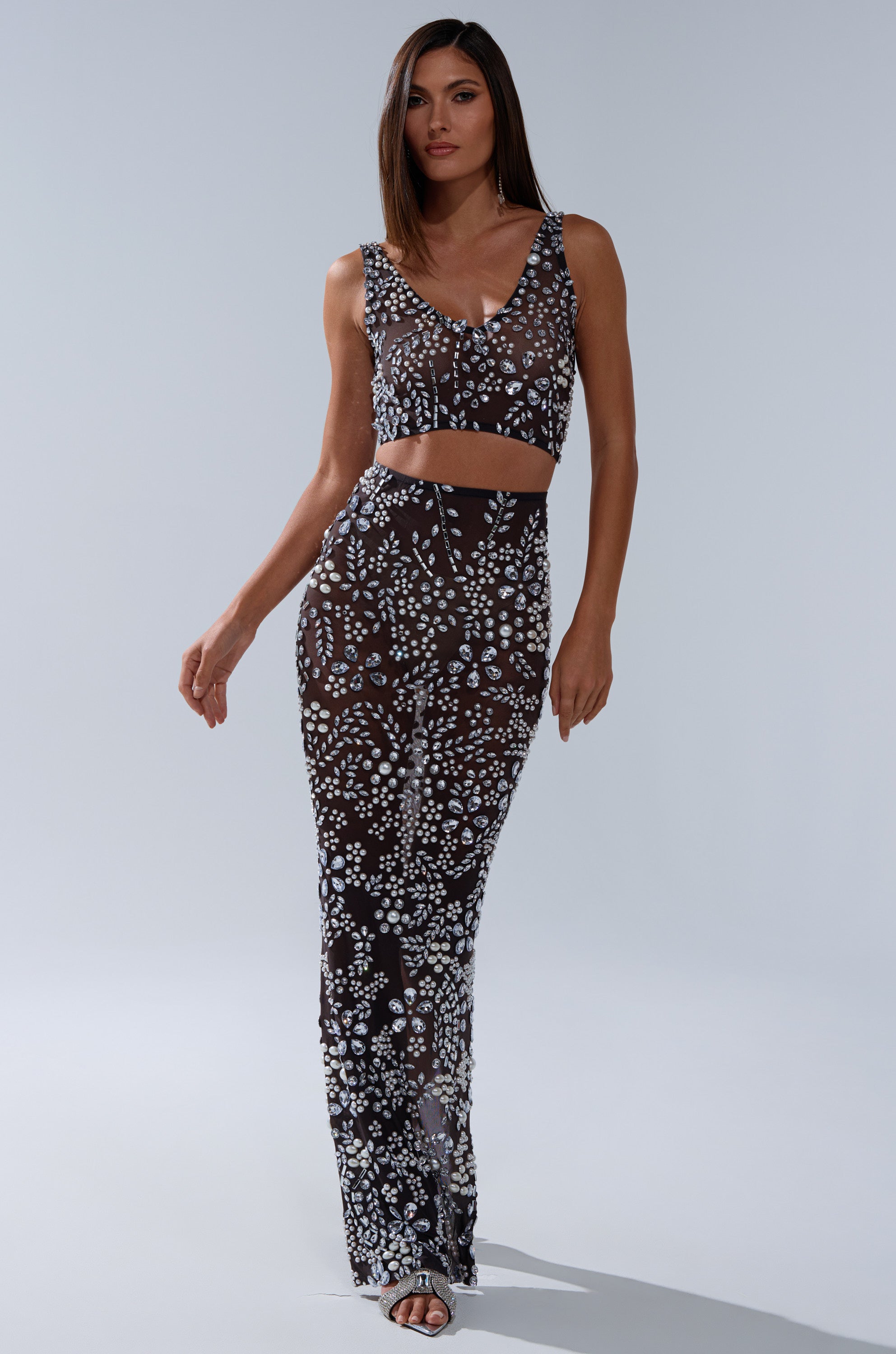 BLING BLING MESH RHINESTONE MAXI SKIRT