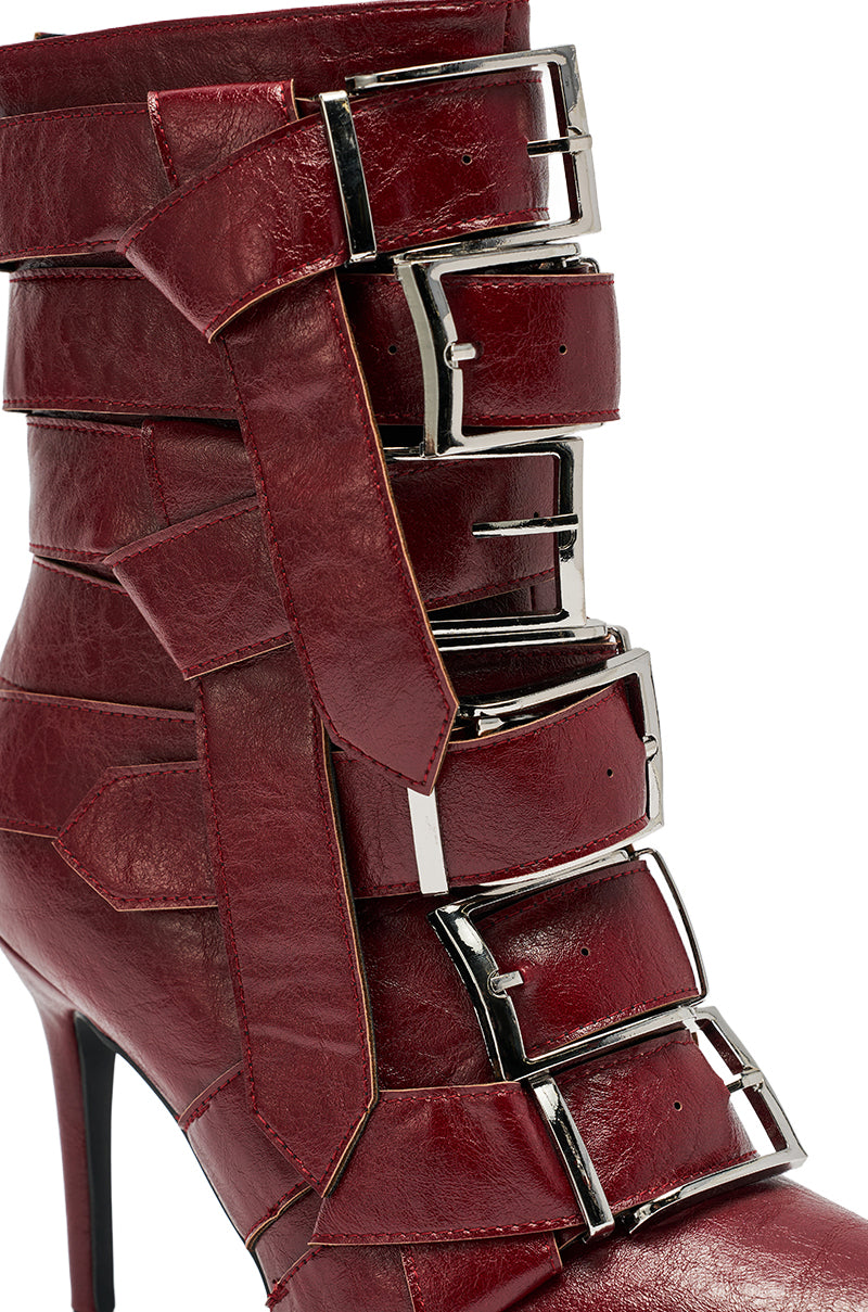AZALEA WANG ALCETAS RED STILETTO BOOTIE WITH BUCKLES