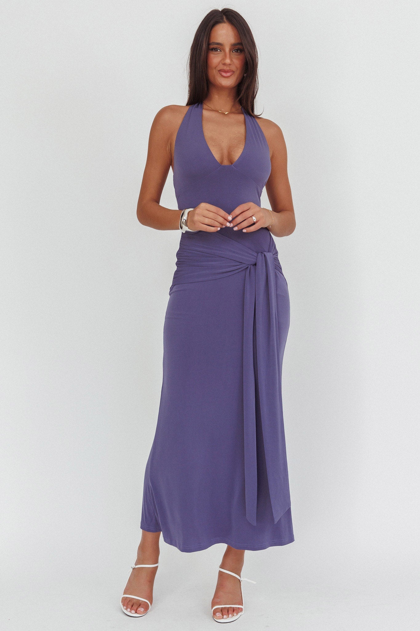 Matchmakers Sash Waist Halter Maxi Dress Taupe