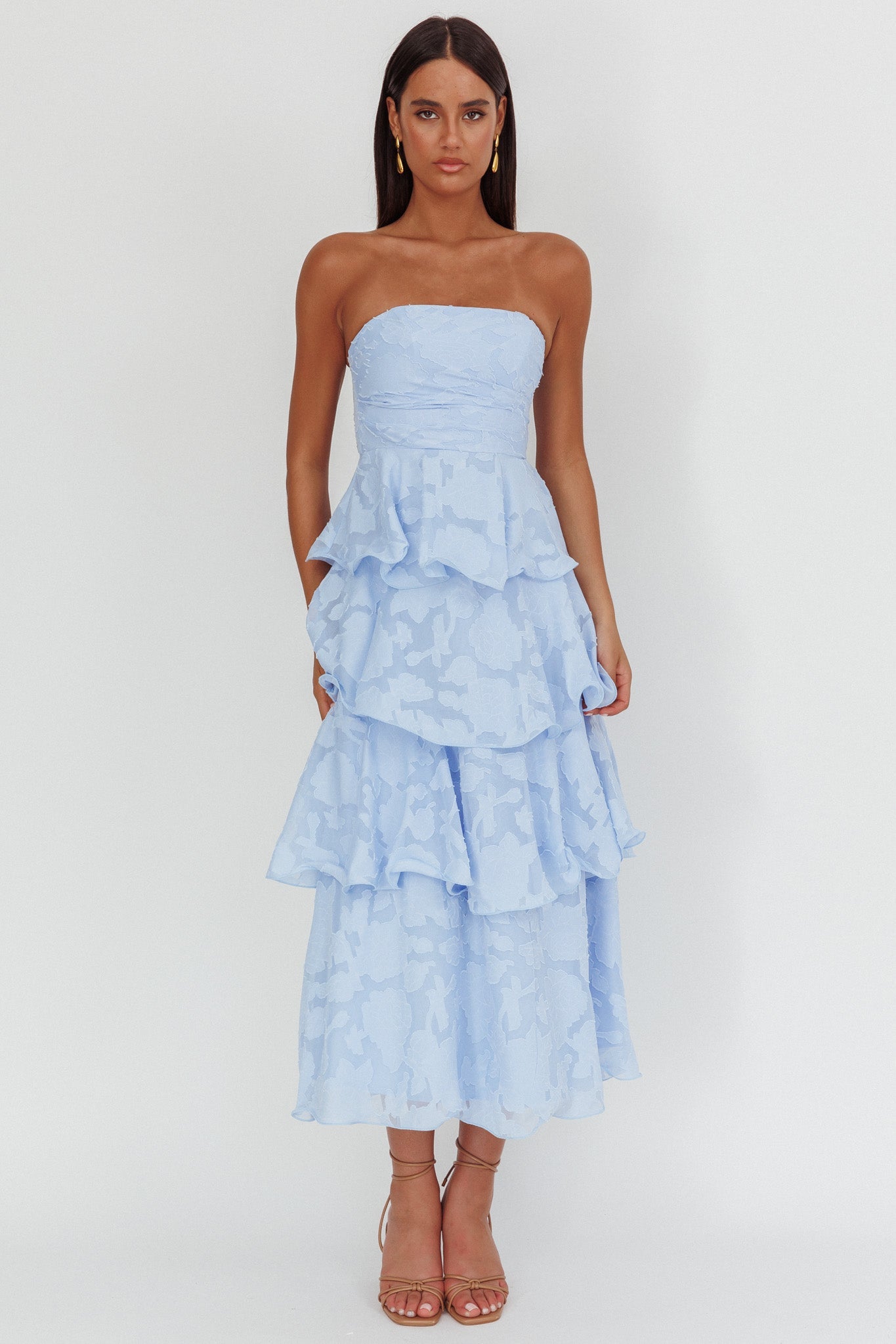 Giavana Strapless Layered Midi Dress Floral Embossed Blue