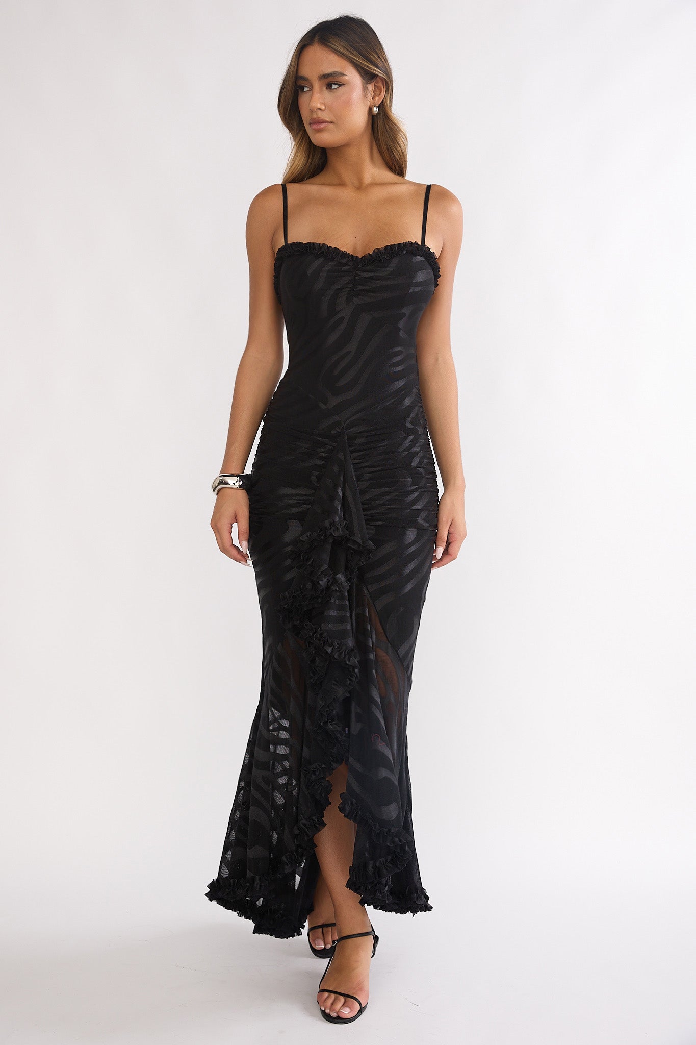 Everine Ruched Frill Trim Maxi Dress Black