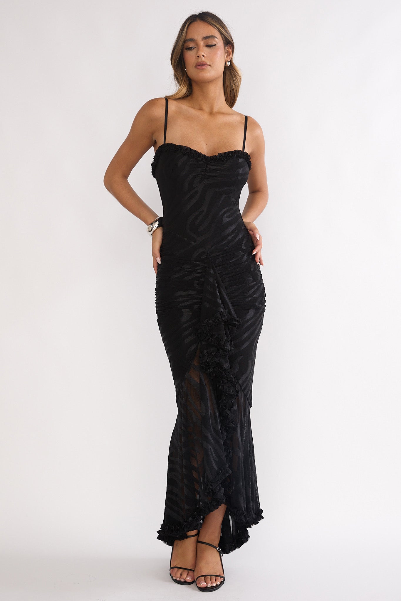 Everine Ruched Frill Trim Maxi Dress Black