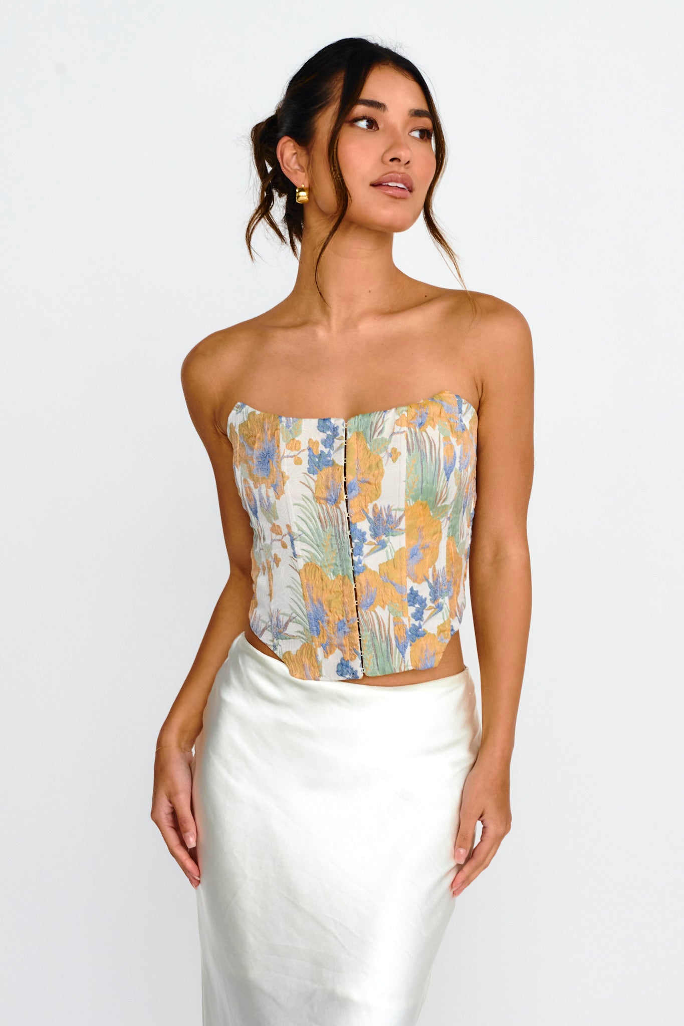 First Date Feels Corset Crop Top Floral Tan
