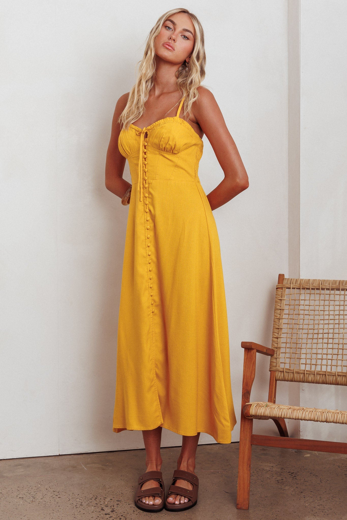 Back Together Button Front Midi Dress Marigold