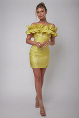 Memoire Off-Shoulder Jacquard Mini Dress Yellow