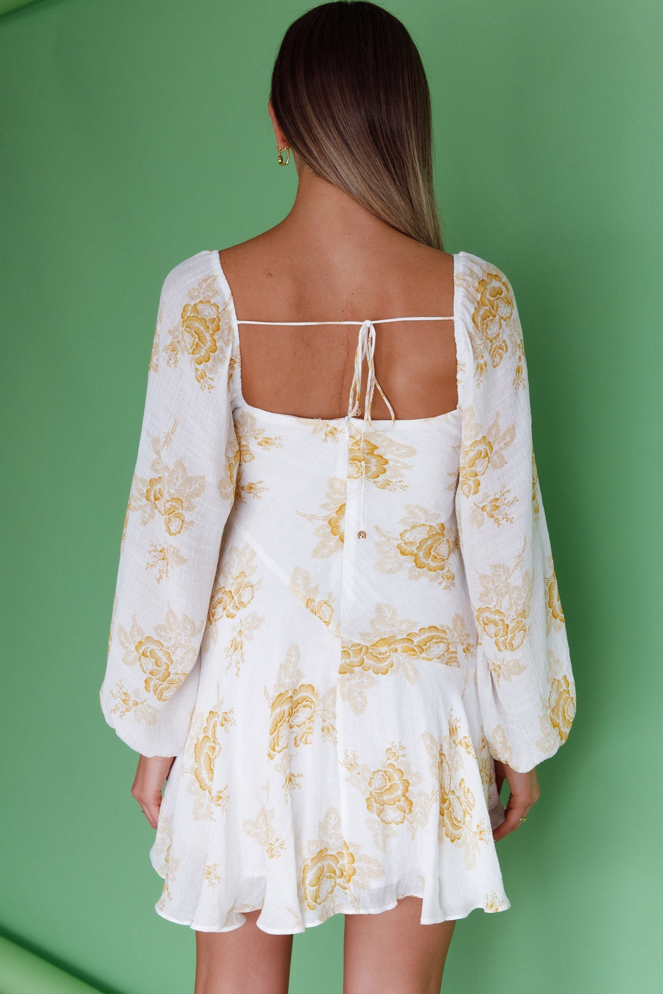 Beaujolais Long Sleeve Cowl Neckline Ruffle Mini Dress Floral Yellow