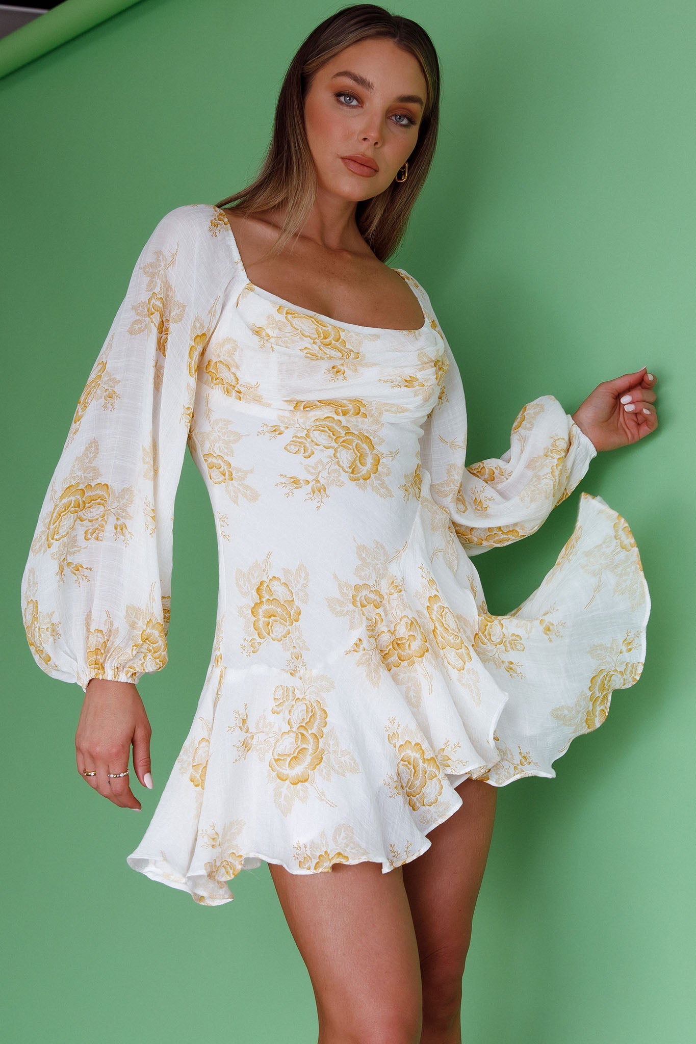 Beaujolais Long Sleeve Cowl Neckline Ruffle Mini Dress Floral Yellow