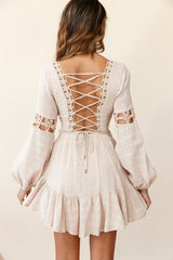 Chloye Long Balloon Sleeve Lace-Up Back Dress Nude